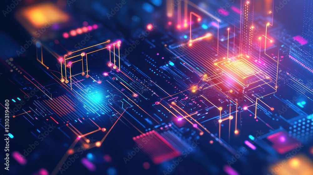 Poster abstract digital circuit board glowing with vibrant colors, showcasing complex network connections a