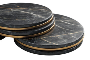 Elegant black marble coasters with golden accents stacked on a white surface