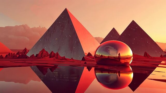 Spiegelnde Kugel vor r&ouml;tlichen Pyramiden