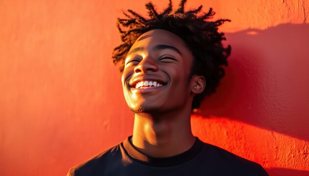 Young Happy African American Cool Hipster Teen Guy Laughing In Close-Up Portrait Photo On Red City Wall Lit With Sunlight. Smiling Cool Rebel Gen Z Teenager Model Outdoors Showing Headshot. - Powered by Adobe