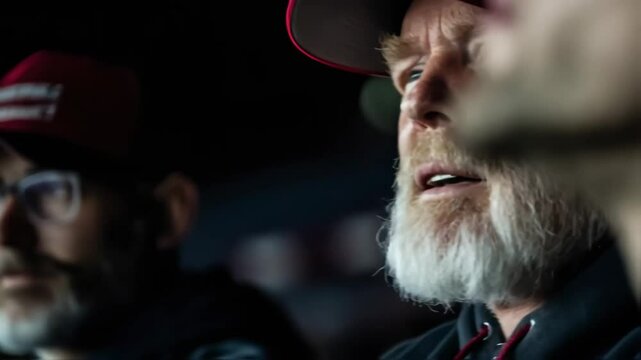 Senior man with beard wearing red cap with slogan Make Europe Great Again attends event focused on political discussions and societal change, reflecting current themes in European culture and politics