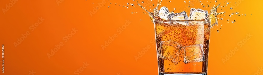 Poster refreshing sparkling soda with ice cubes splashing against a vibrant orange background