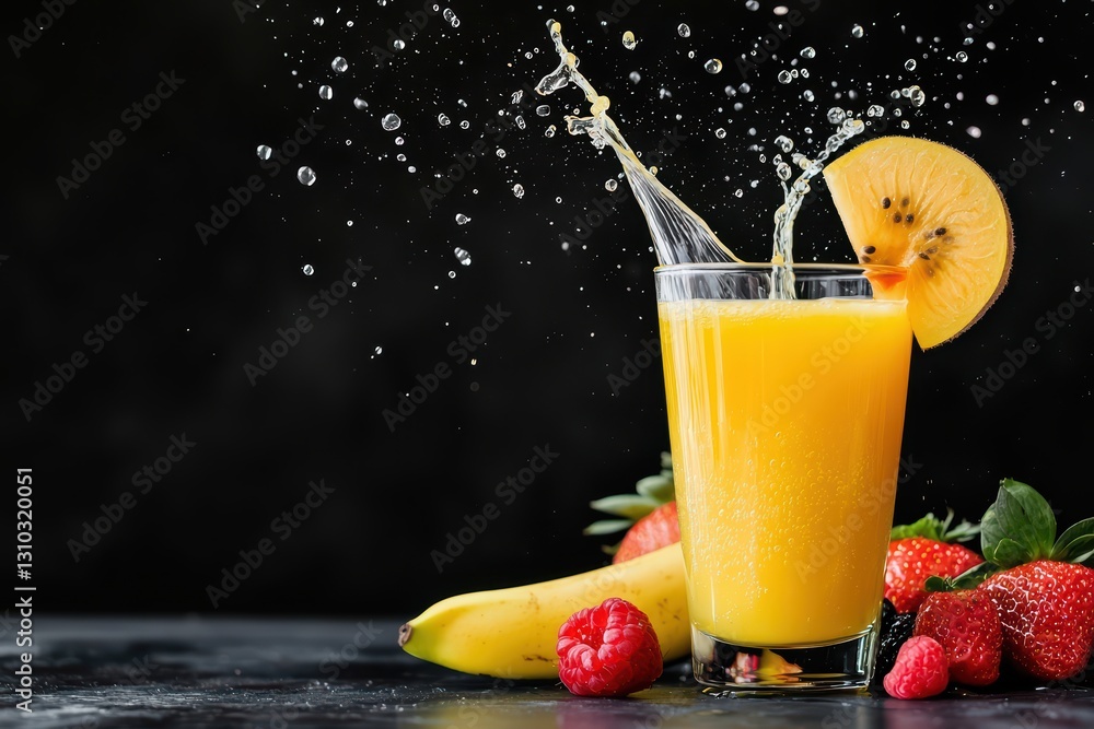 Poster bright splash of fresh juice with assorted fruits creating a vibrant, refreshing scene