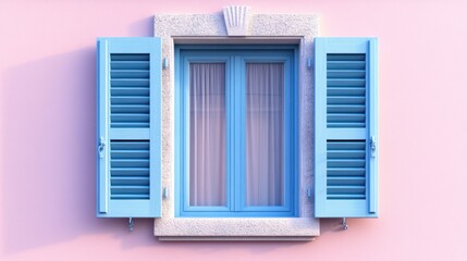 Fototapeta premium Pastel pink wall with light blue window and shutters.