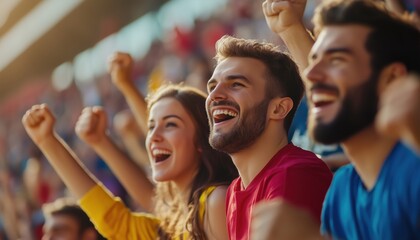 Naklejka premium Sports Fans Cheering For Team Victory In Stadium Stands. Group Of Male And Female Spectators Supporting Their Team During Game.