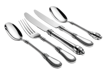 Elegant silver flatware set displayed on a white background with refined design suitable for formal dining occasions