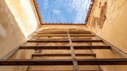Looking up at a weathered wooden ladder against a textured wall under a blue sky