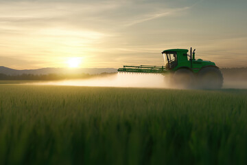Fototapeta premium Tractor spraying pesticide on a rice field during sunset in rural landscape