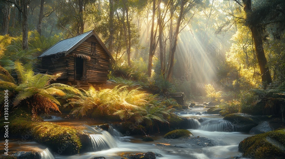 Poster sunbeams illuminate a rustic cabin nestled beside a cascading stream in a lush forest.