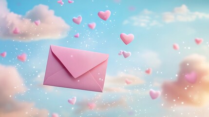Pink Envelope Floating in Sky with Hearts Romantic Pastel Love Letter Valentine Day Design Illustration Digital Art Sweet Dreamy Background joy card  