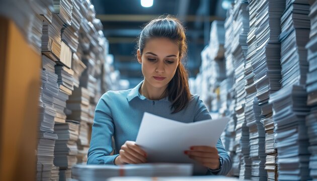 Busy At Work: Female Business Employee Sorting Through Paper Files In Stacks To Review Unfinished Achievements