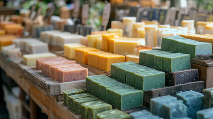 Soap display at a farmer’s market, featuring natural and organic products, vibrant colors, and inviting setup