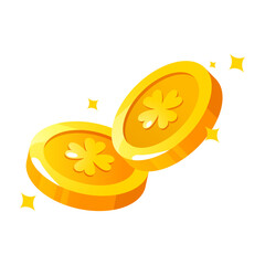 St. Patrick's day golden coins with lucky clevers and sparkles around isolated on white background. 