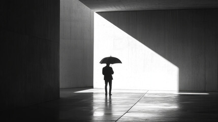 A silhouette of a lone figure holding an umbrella, slightly turned away, captured from the waist up