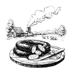 Obraz premium Engraved illustration of sausages on a wooden board with a rustic farmhouse landscape in the background