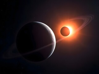 Stunning Digital Artwork of a Solar Eclipse with Planets and Rings in Deep Space Dramatic Cosmic Scene for Science, Astronomy, and Space Exploration Imagery