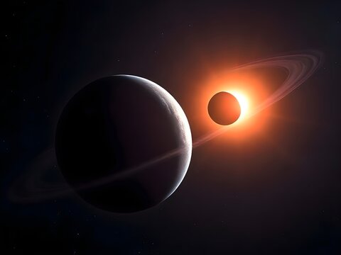 Stunning Digital Artwork of a Solar Eclipse with Planets and Rings in Deep Space Dramatic Cosmic Scene for Science, Astronomy, and Space Exploration Imagery