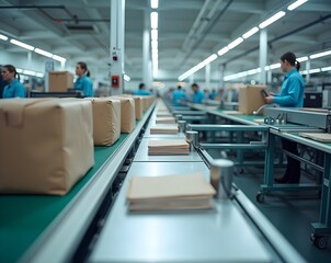 Fototapeta premium Busy industrial production line with workers in blue uniforms efficiently sorting and managing large packaged goods on a moving conveyor belt in a well-lit, spacious factory environment