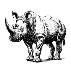 Fototapeta premium Engraved illustration of a powerful rhinoceros showcasing strength and resilience in detailed vector art