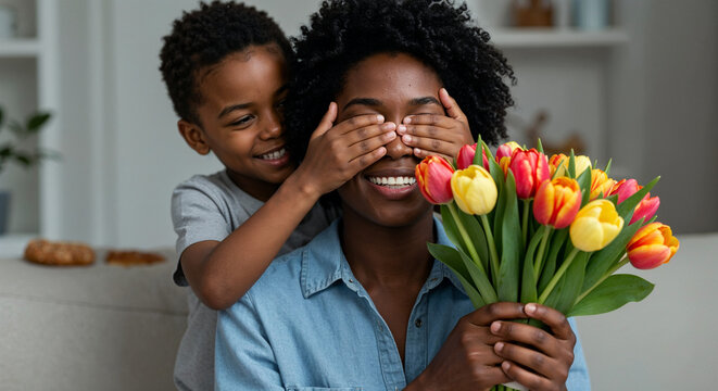 Afro boy congratulating his mother with flowers at home