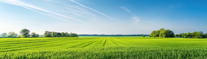 Obraz premium Expansive Green Field Beneath a Clear Blue Sky with Gentle Clouds and Lush Vegetation