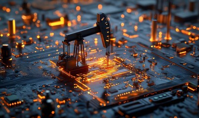 Oil Rig on a Futuristic Motherboard: Digital Energy Landscape Concept