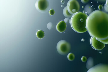 Microscopic view of green cells suspended in water with soft lighting effects