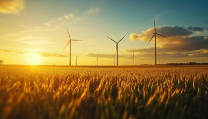 Renewable Energy Source: Wind Farm Field And Sun Sky For Sustainable Development And Eco-Friendly Energy With Wind Power Turbines