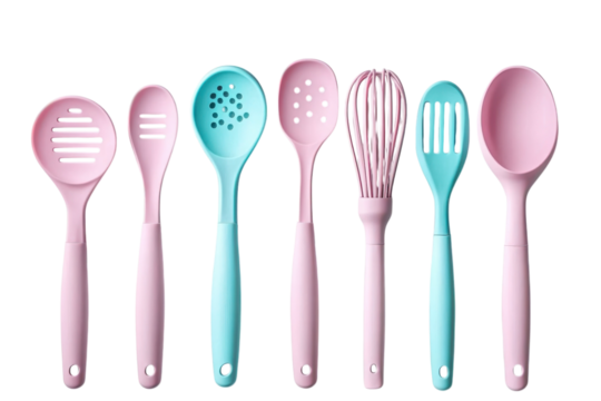 Colorful kitchen utensils arranged neatly in a modern home setting, featuring various tools for cooking and baking