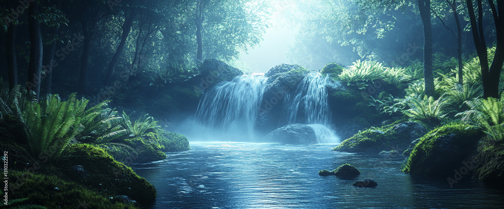 Poster serene waterfall cascading into a tranquil pool, surrounded by lush green ferns and moss-covered roc