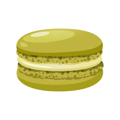 French macaron dessert with pistachio flavor isolated on white background.
