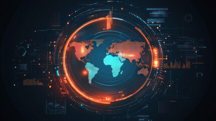 Obraz premium Global network connection, digital world map with futuristic HUD interface.