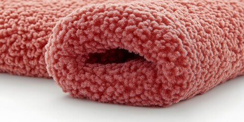 Closeup of a cozy sherpa fabric roll in soft rose hue on white base