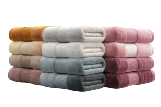 Luxurious towels arranged in soft pastel colors for a cozy bathroom aesthetic