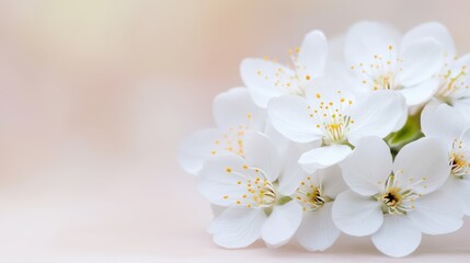 Obraz premium A soft focus image of delicate white flowers, with subtle yellow accents, set against a gentle pastel background, This serene picture is perfect for themes of purity, nature