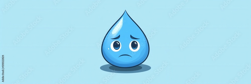 Poster Sad blue water drop character expressing emotion in a minimalist and simple style with wide eyes and tears