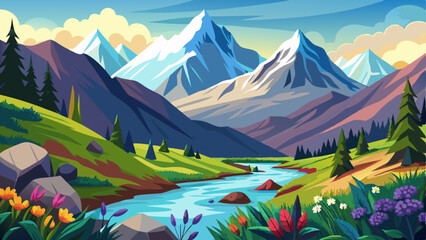 dramatic mountain range with snow-capped peaks, a flowing river in the valley, and colorful alpine flowers in the foreground © mehdik