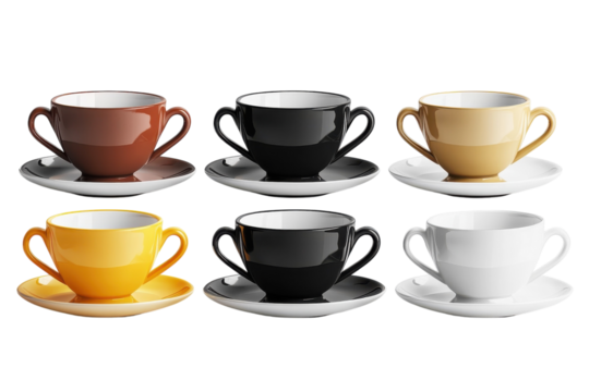 Colorful collection of tea or coffee cups arranged stylishly on saucers