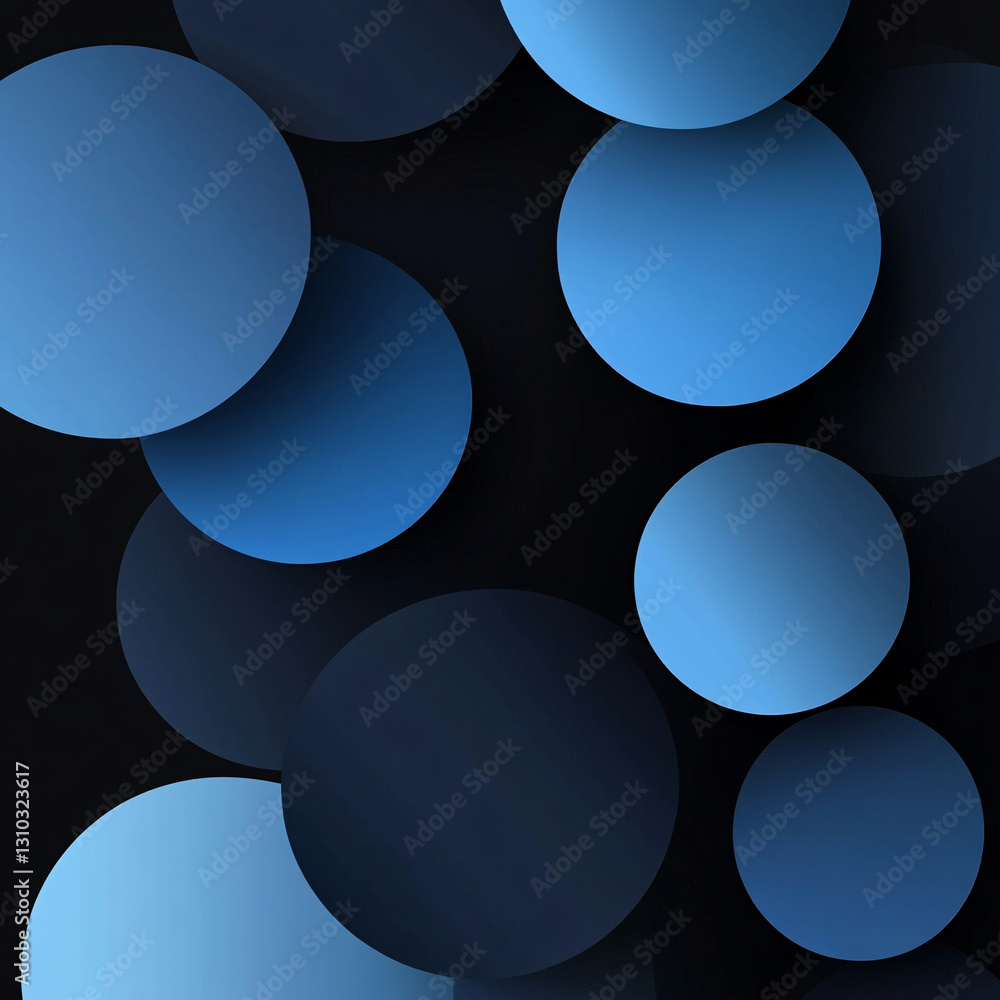 Poster abstract background of many blue circles on a black background. circles of different sizes and halft