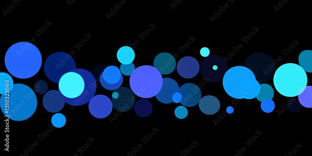 Poster abstract background of many blue circles on a black background. circles of different sizes and halft