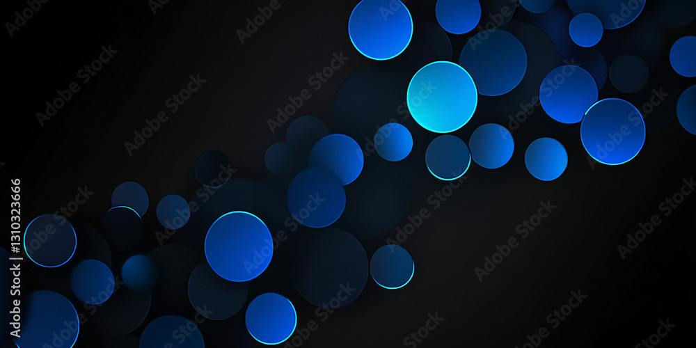 Poster abstract background of many blue circles on a black background. circles of different sizes and halft