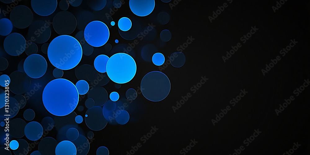 Poster abstract background of many blue circles on a black background. circles of different sizes and halft