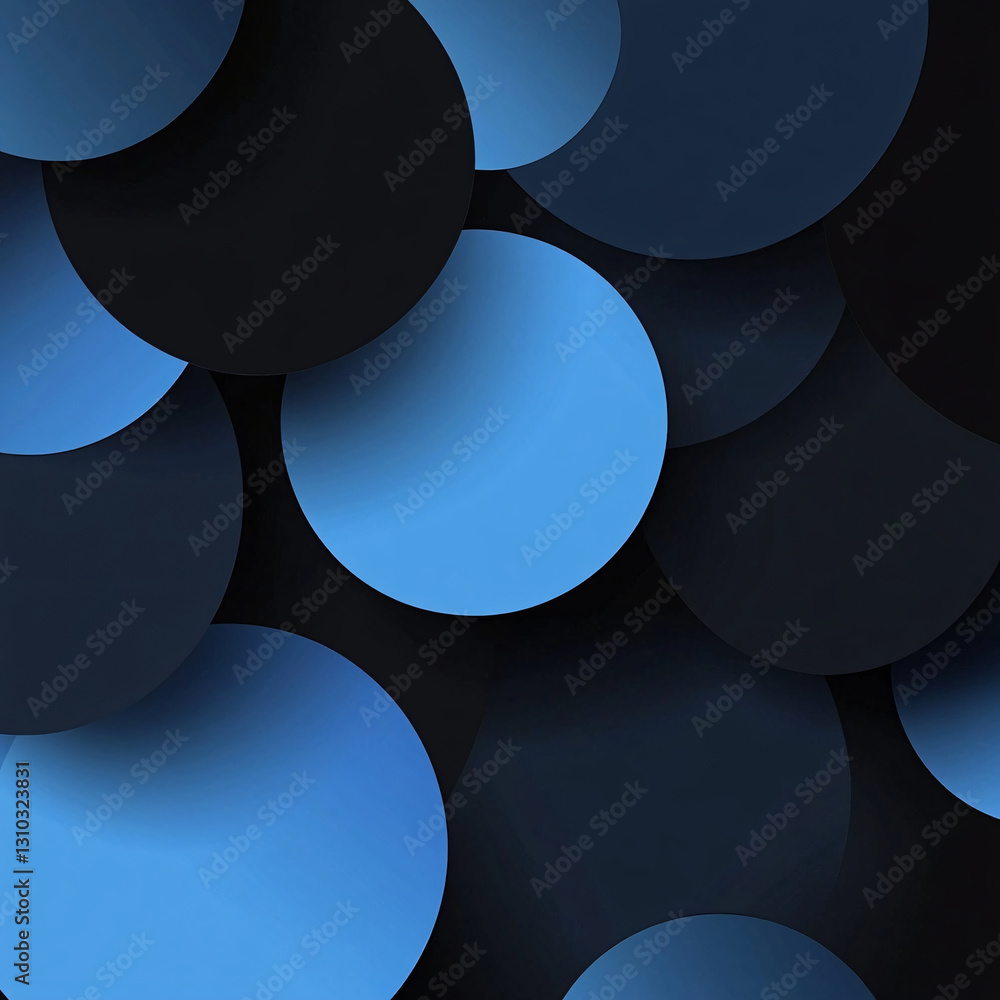 Poster abstract background of many blue circles on a black background. circles of different sizes and halft