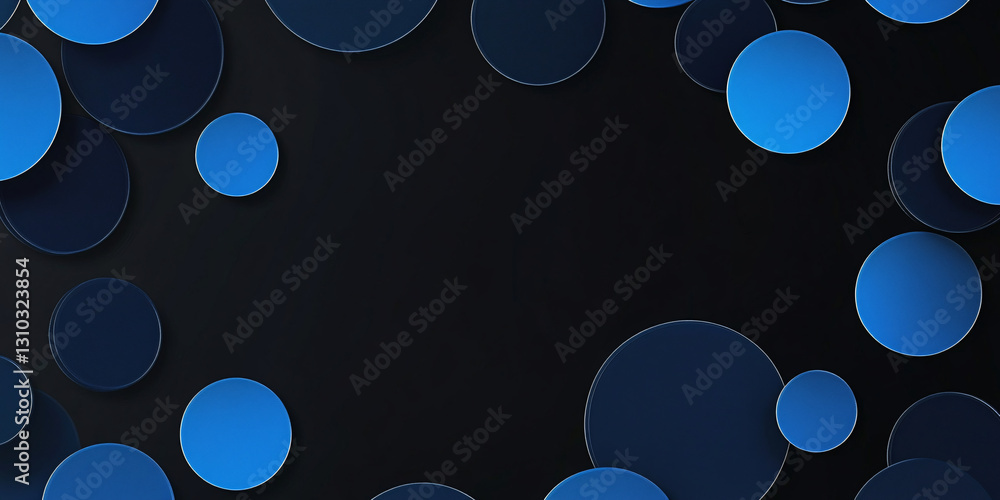 Poster abstract background of many blue circles on a black background. circles of different sizes and halft