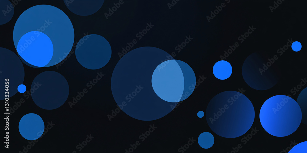 Poster abstract background of many blue circles on a black background. circles of different sizes and halft