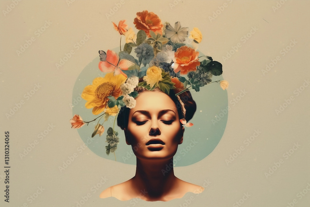 Poster generative ai retro style collage art featuring a woman with floral elements in a surreal spring com