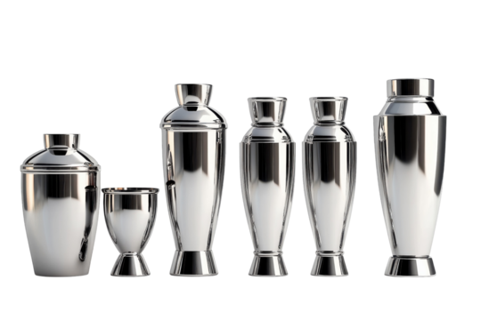 Various cocktail shakers displayed in a row showcasing different styles and sizes for bartending enthusiasts