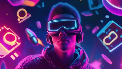 Young Man With Goggles Amid Neon Gradient Objects: A Surreal Immersive Experience In The Metaverse Of Virtual Reality.