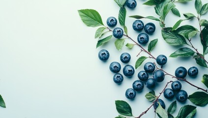 Fototapeta premium Fresh Blueberries with Leaves on Light Blue Background