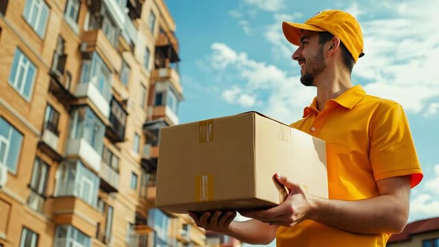 A delivery man in a bright uniform stands with a parcel in his hands against a blurred city background. The scene highlights fast shipping, urban logistics, and professional courier service